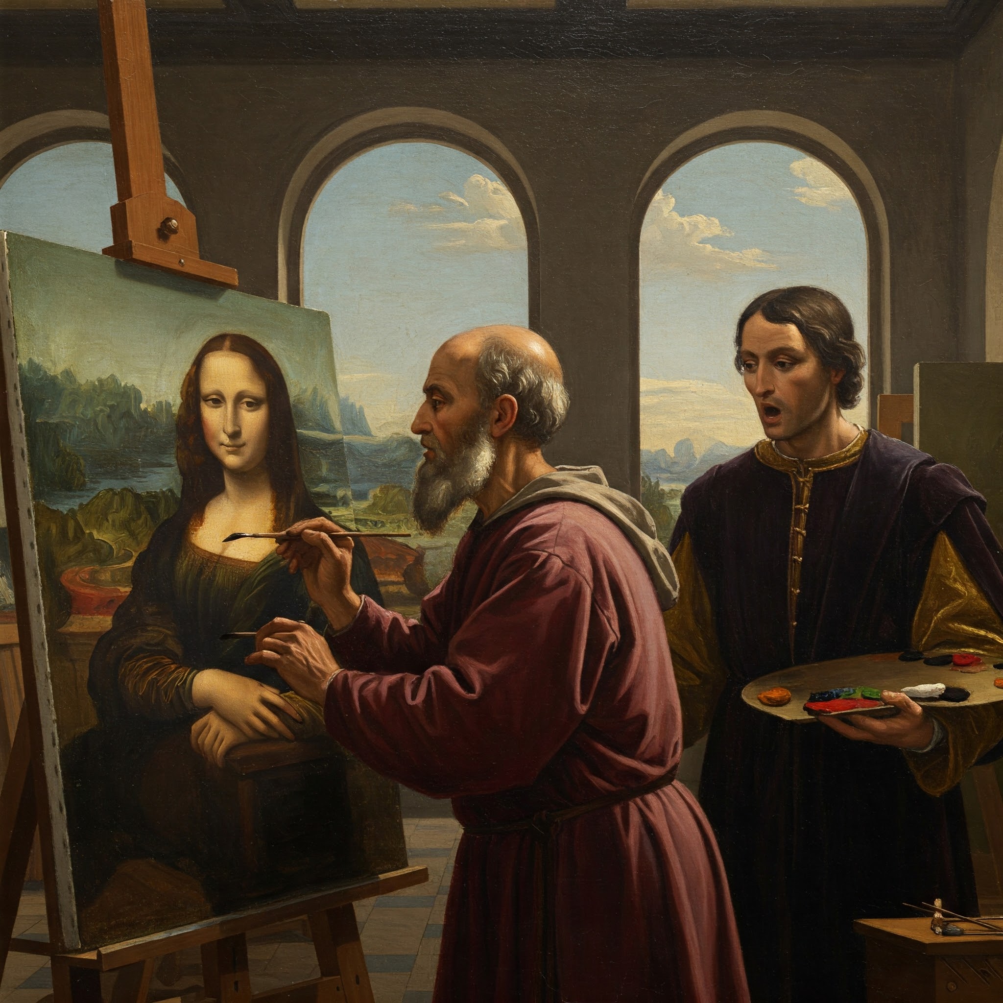 Dipinto surreale creato da Imagen 3, che mostra Giotto mentre dipinge la Giconda di Leonardo, con lo stesso che lo osserva sbalordito.