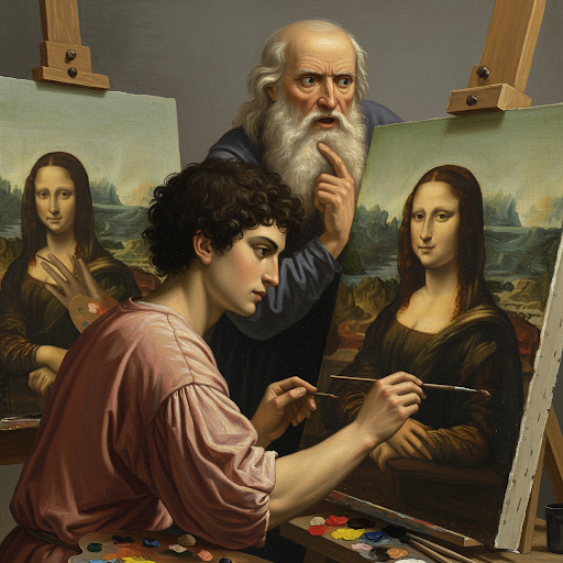 Dipinto surreale creato da Imagen 3, che mostra Giotto mentre dipinge la Giconda di Leonardo, con lo stesso che lo osserva sbalordito.